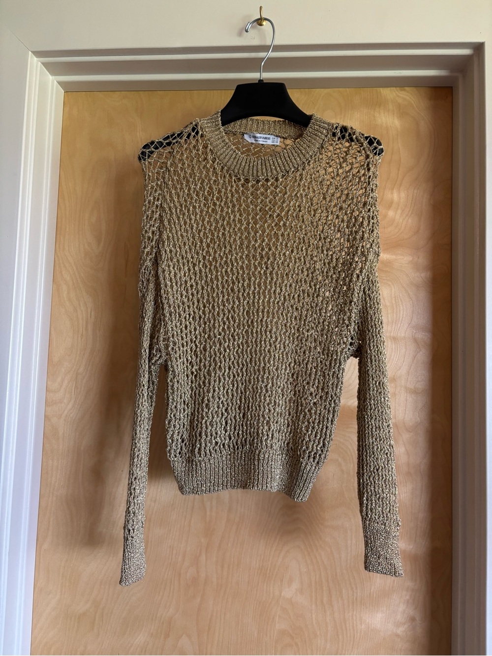 Stradivarius Gold Metallic Open Knit Mesh Sweater Crew Neck Long Sleeve Size S